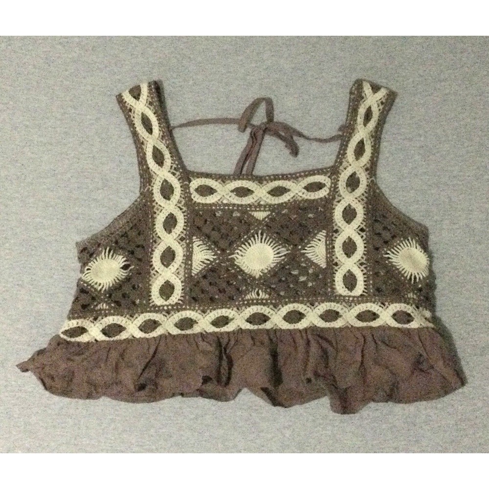 Crochet Geometric Sleeveless Cropped Tank Top brown viscose tie sz Medium